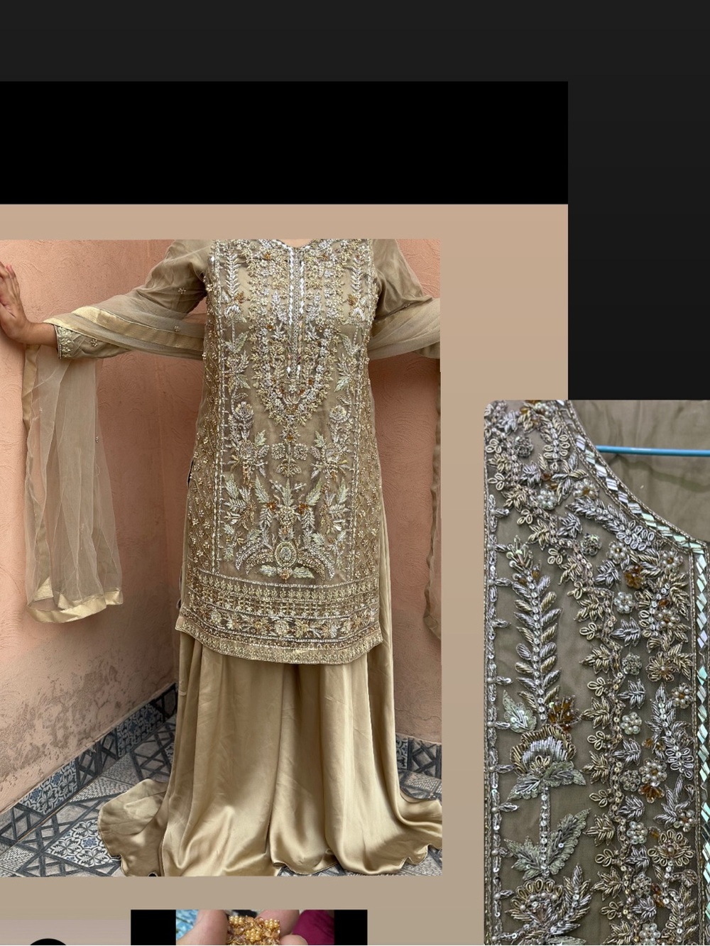 Hand work dabka & cut crystal  Champagne Women’s Dress with Dupatta